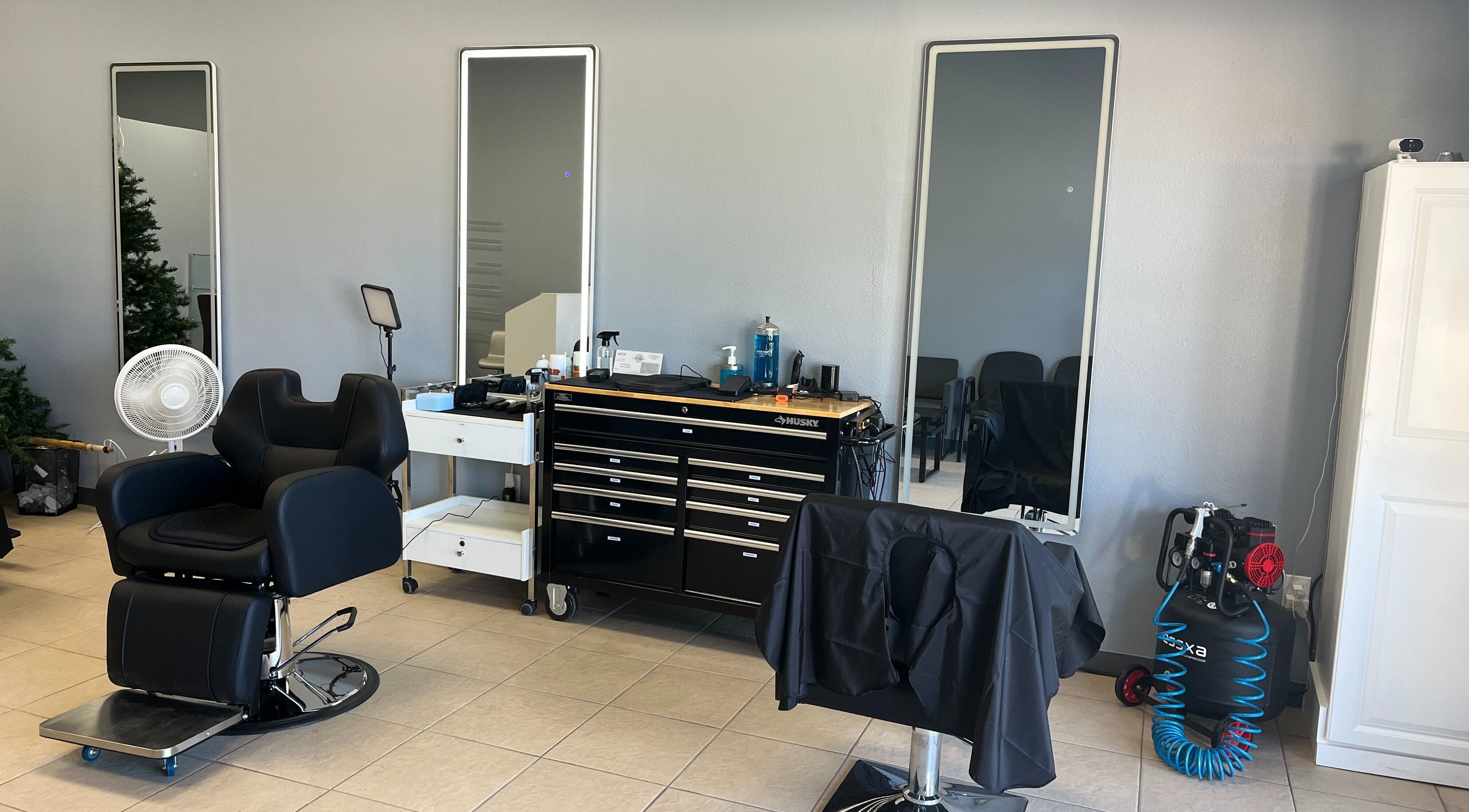 Modern salon chair and equipment at BEST CUTS, Wildomar, California, US, showcasing a sleek, professional setup.