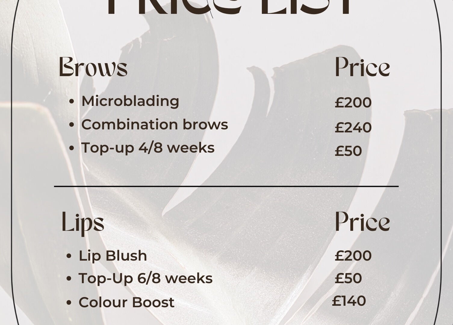 Ginnie.Beauty pricing list for brows and lips services in Liverpool, England, GB.