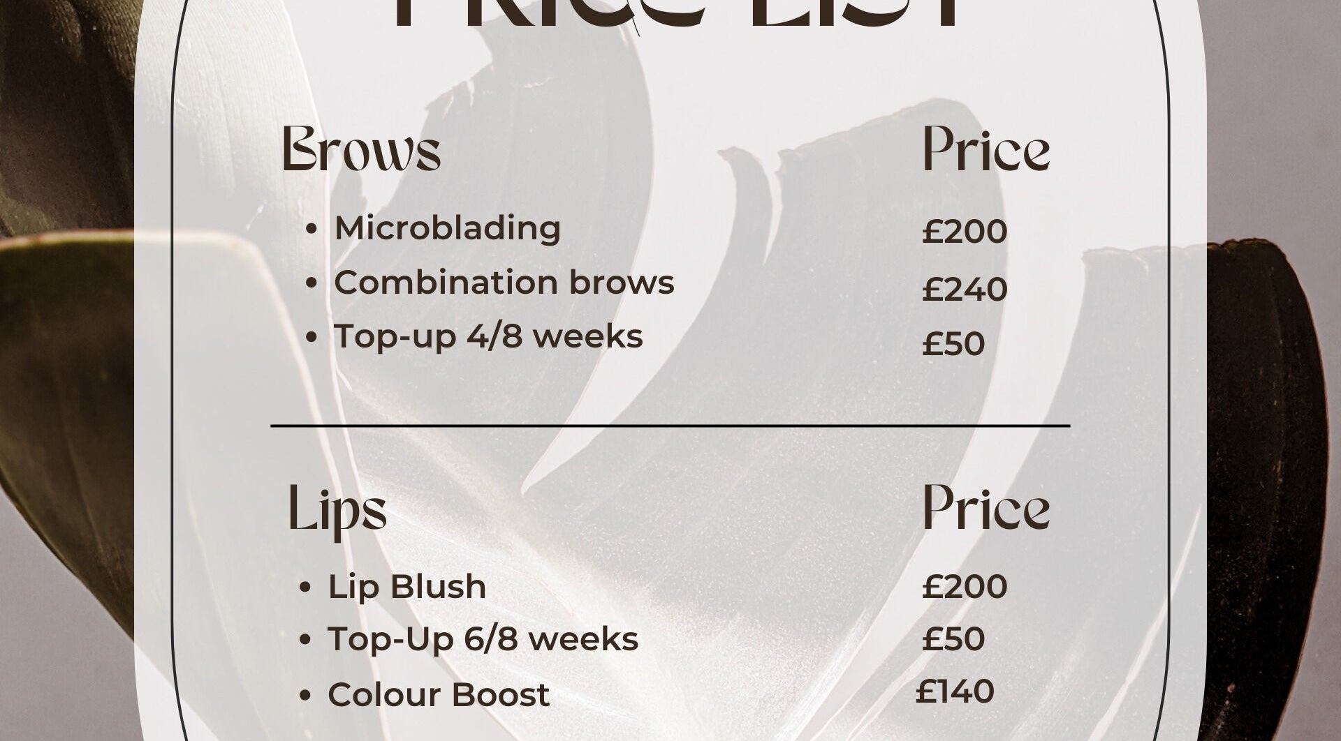 Ginnie.Beauty pricing list for brows and lips services in Liverpool, England, GB.