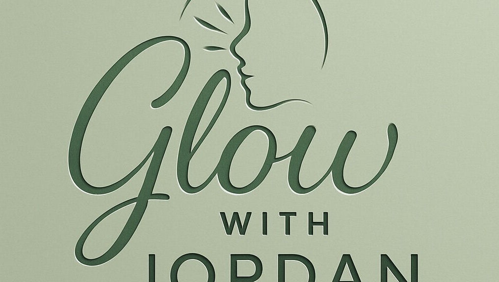 Glow with Jordan logo in Lawnton, Queensland on a green background symbolizing beauty and wellness.