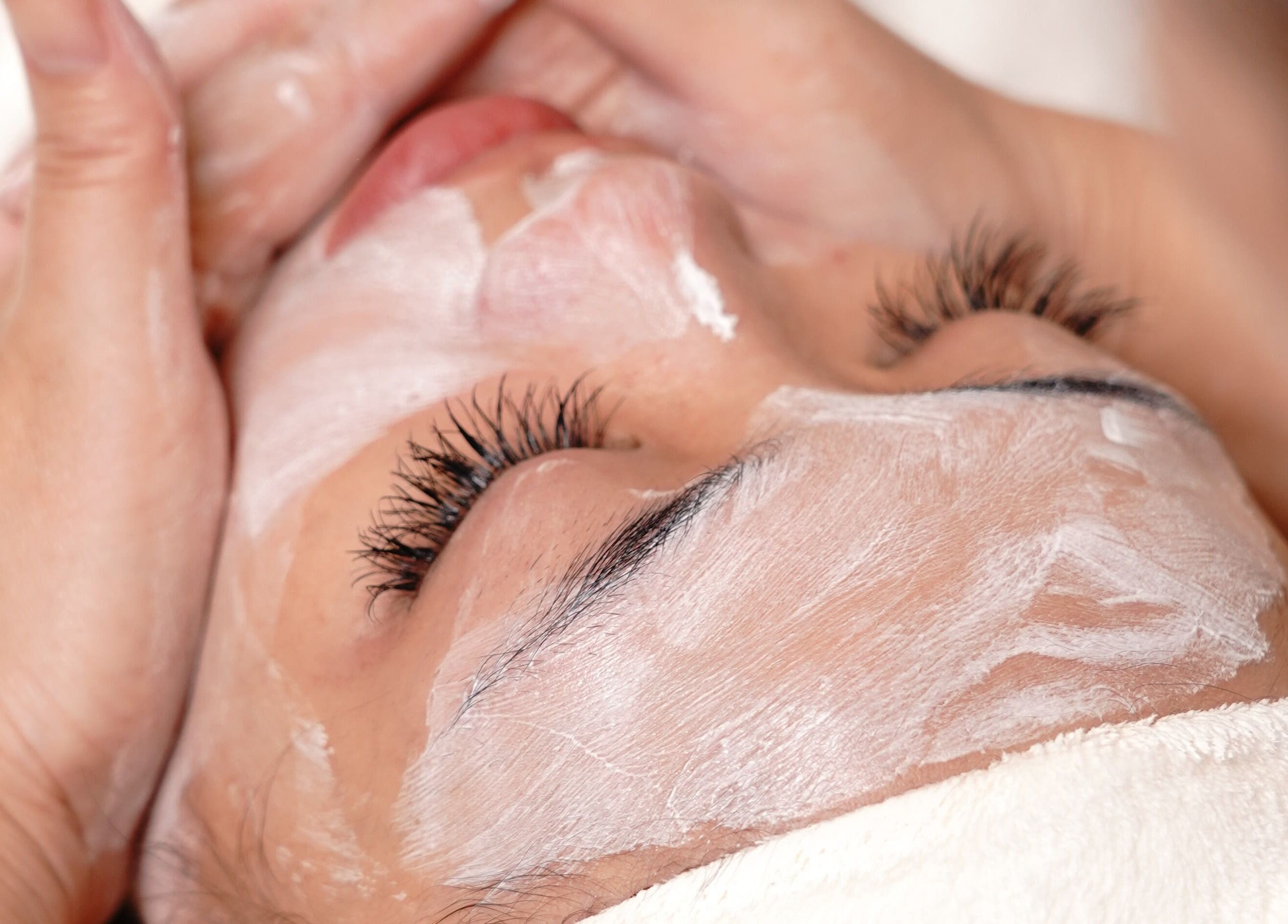 Relaxing facial treatment at BB Media in Markham, Ontario, CA with a soothing mask applied to the skin.