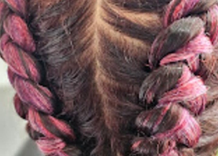 Intricate pink braids at Priceless Hair and Beauty, Slough, England, GB.