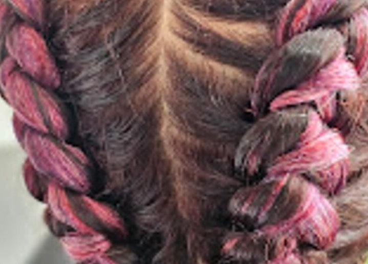 Intricate pink braids at Priceless Hair and Beauty, Slough, England, GB.