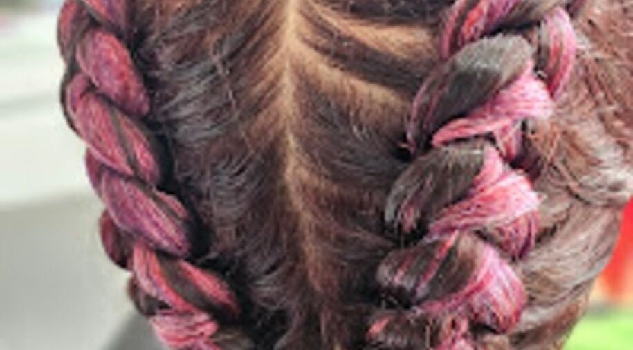 Intricate pink braids at Priceless Hair and Beauty, Slough, England, GB.