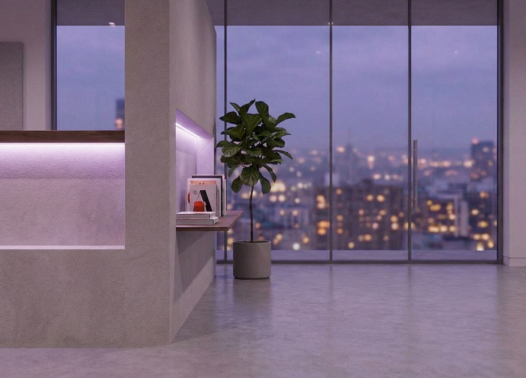 Elegant reception at Derma Aesthetics, Plovdiv, BG with city view and plant decor.