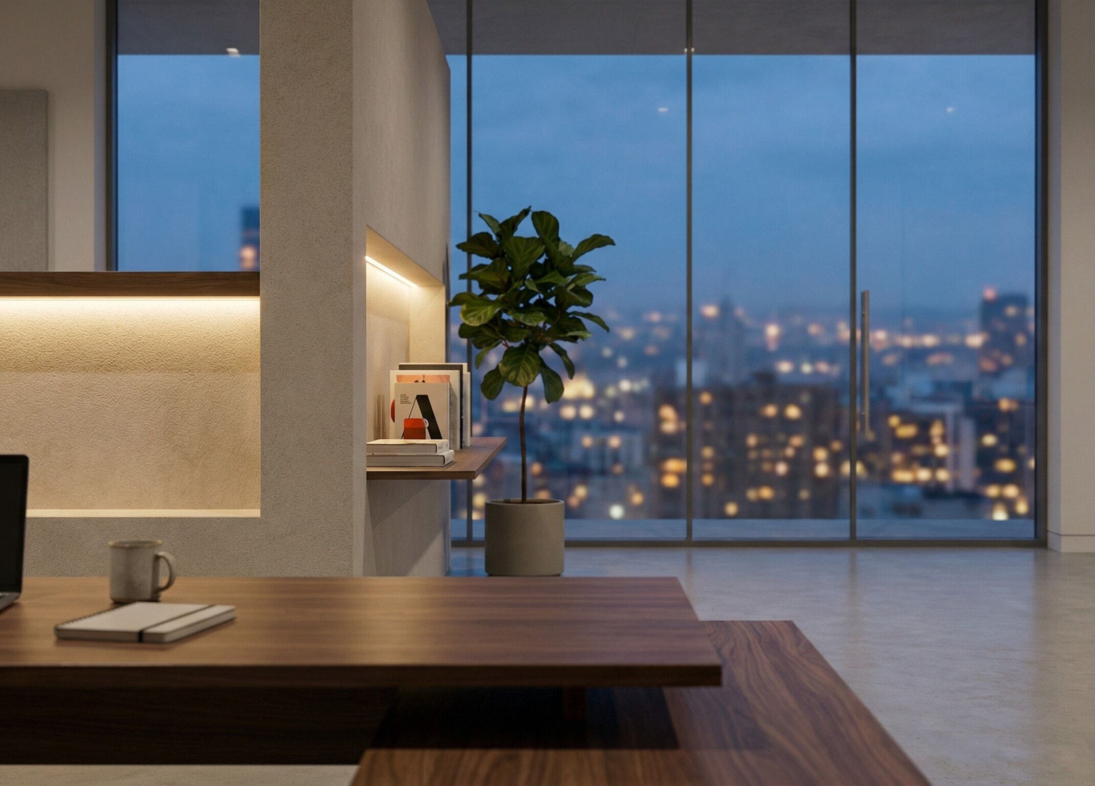 Elegant modern office interior at Derma Aesthetics, Plovdiv, Plovdiv, BG with night city view through glass windows.