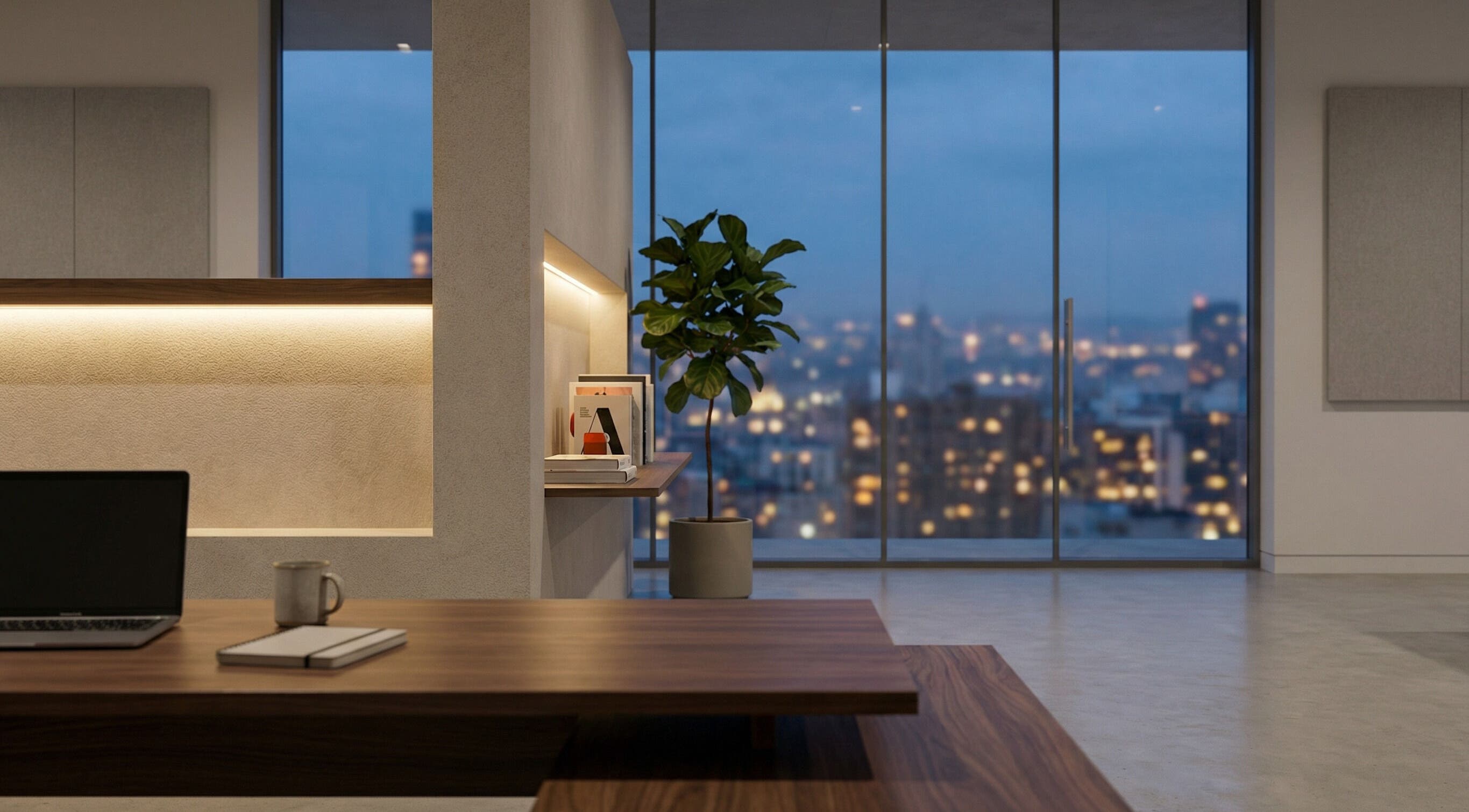 Elegant modern office interior at Derma Aesthetics, Plovdiv, Plovdiv, BG with night city view through glass windows.