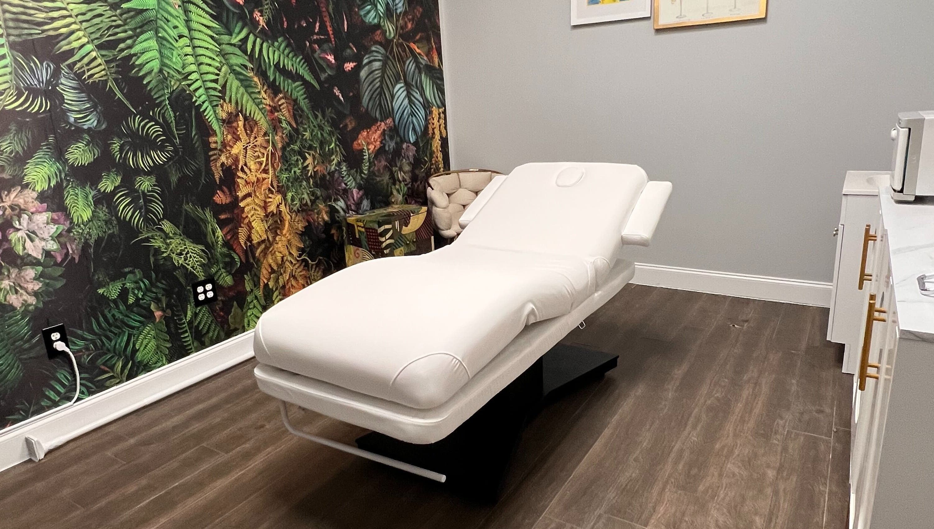 Luxurious treatment room at THE REVIVE BAR, Allen, Texas, US with a spa bed and tropical decor.