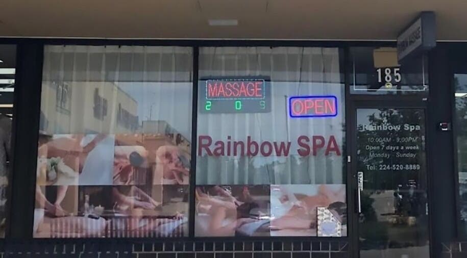 Exterior of Rainbow Spa in Schaumburg, Illinois, US with massage signage.