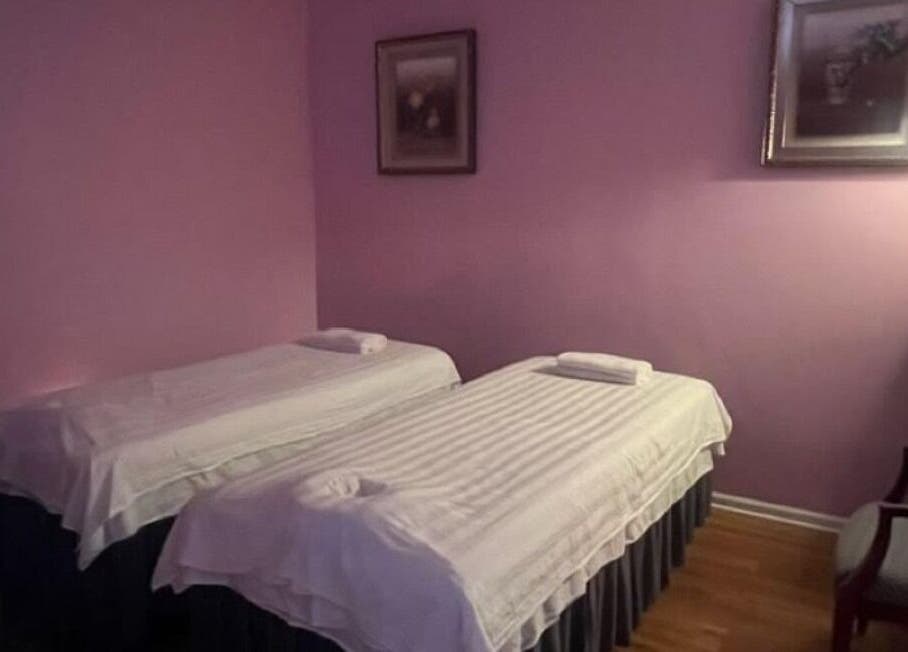 Peaceful massage room with twin beds at Rainbow Spa, Schaumburg, Illinois, US.