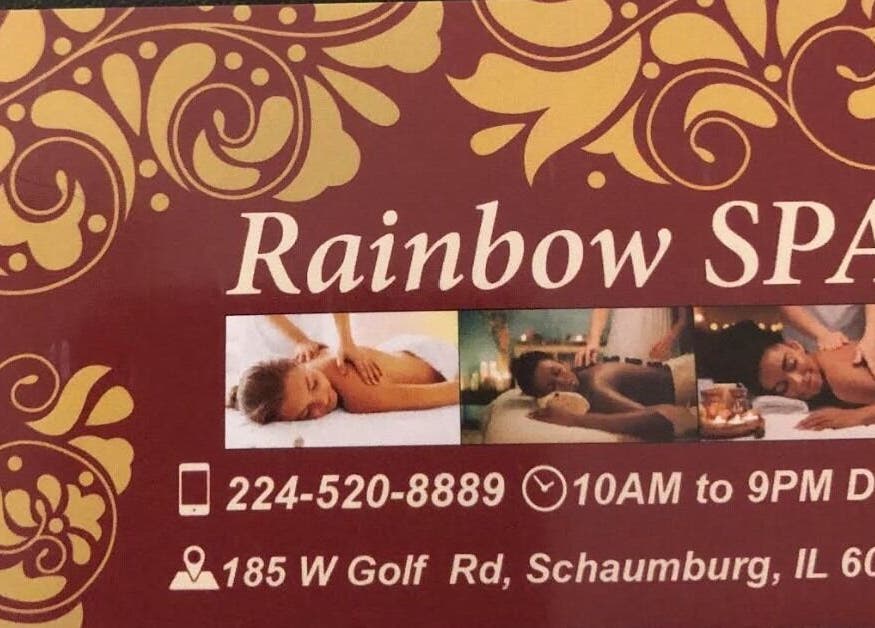 Elegant spa card for Rainbow Spa in Schaumburg, Illinois, US displaying contact details and relaxing atmosphere.