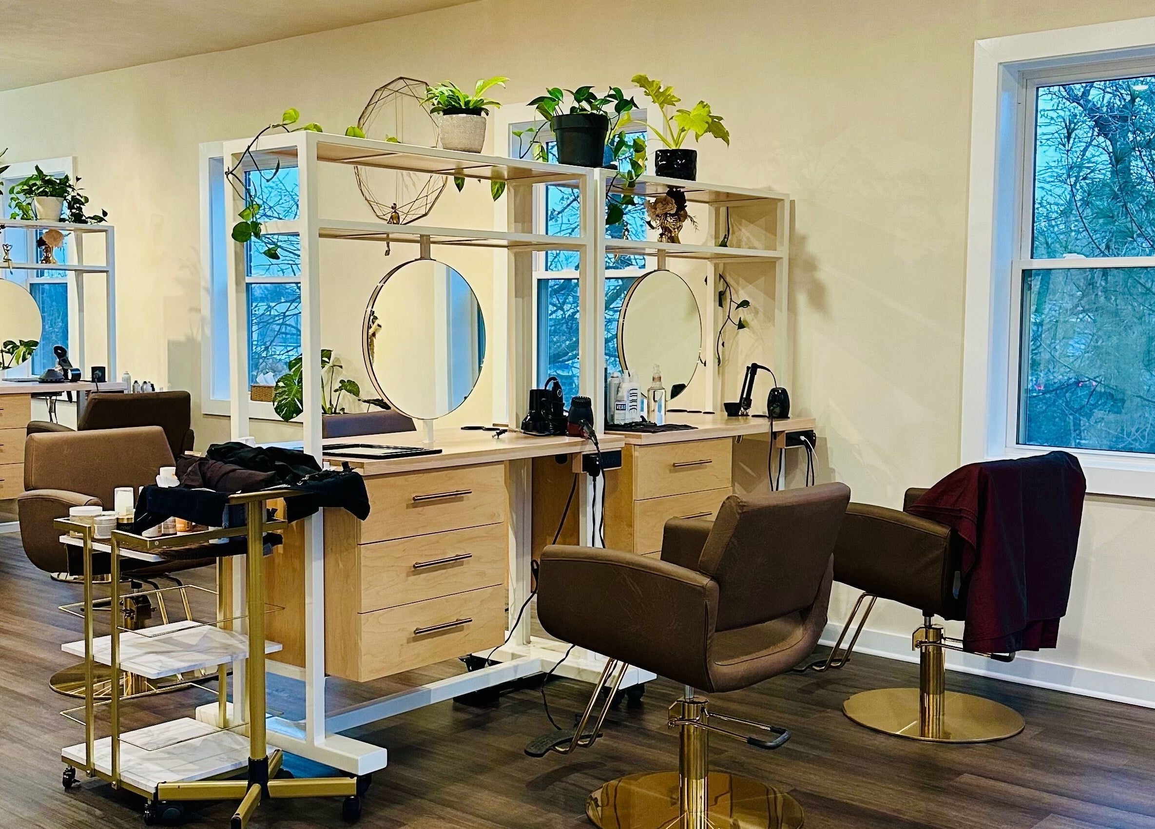 Elegant styling stations at SuVie Salon and Suites in Alexandria, Virginia, US, featuring modern decor and plants.