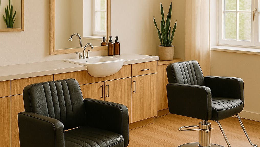 Modern salon chair and sink at DreadsbyDy, London, England, GB, featuring minimalist decor and natural light.