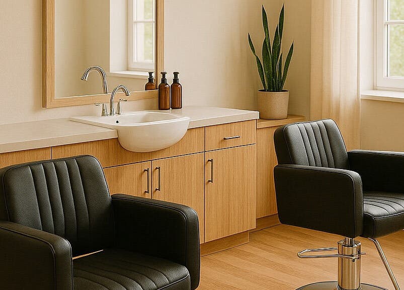 Modern salon chair and sink at DreadsbyDy, London, England, GB, featuring minimalist decor and natural light.