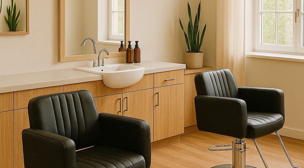 Modern salon chair and sink at DreadsbyDy, London, England, GB, featuring minimalist decor and natural light.