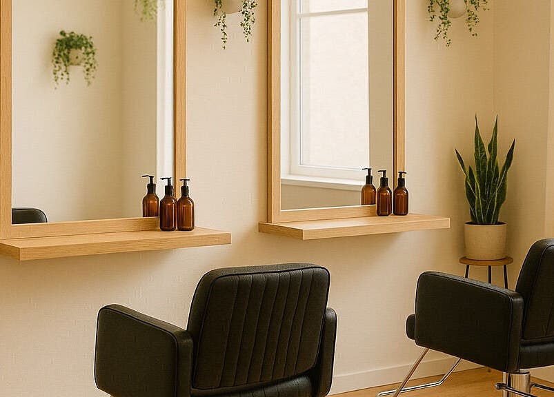 Modern salon chairs and mirrors at DreadsbyDy, London, England, GB, with green plants and amber bottles.