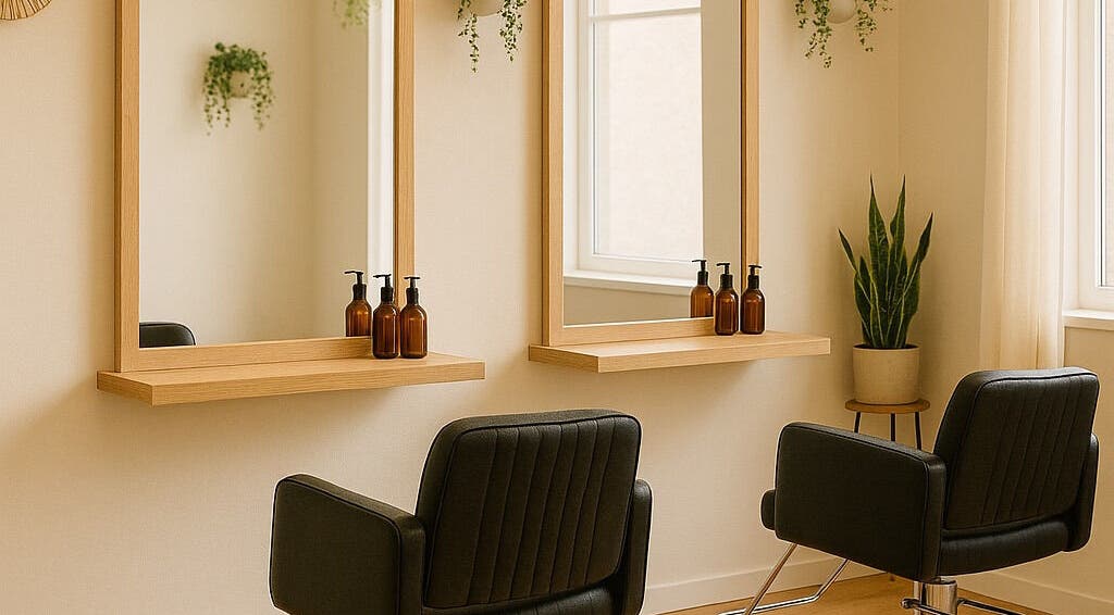 Modern salon chairs and mirrors at DreadsbyDy, London, England, GB, with green plants and amber bottles.