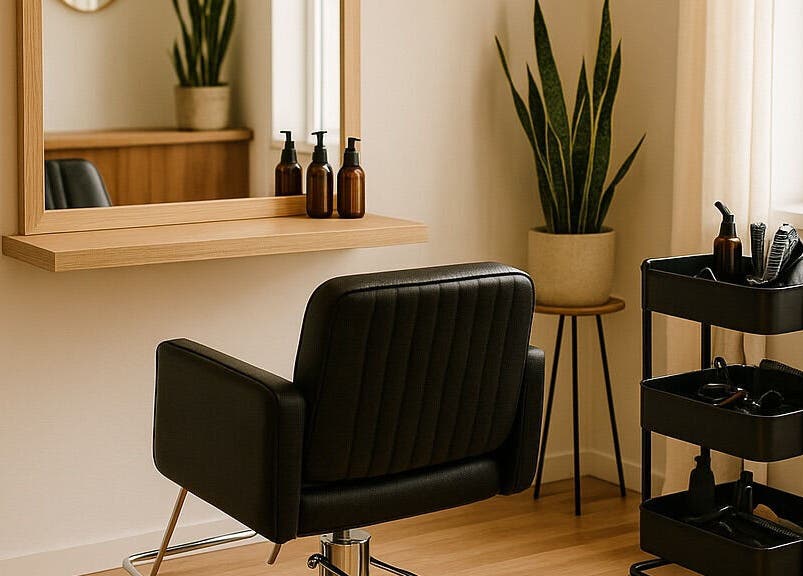 Elegant styling chair at DreadsbyDy, London, England, GB, with mirror and plants in modern setting.