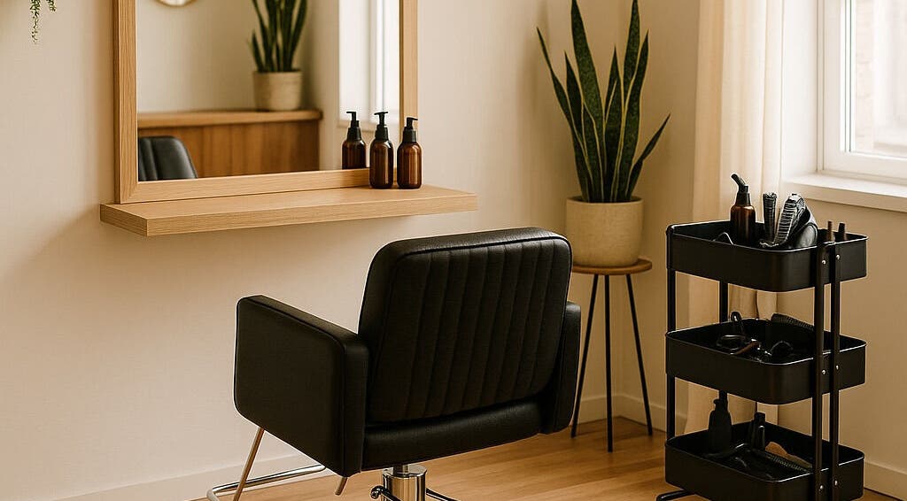 Elegant styling chair at DreadsbyDy, London, England, GB, with mirror and plants in modern setting.