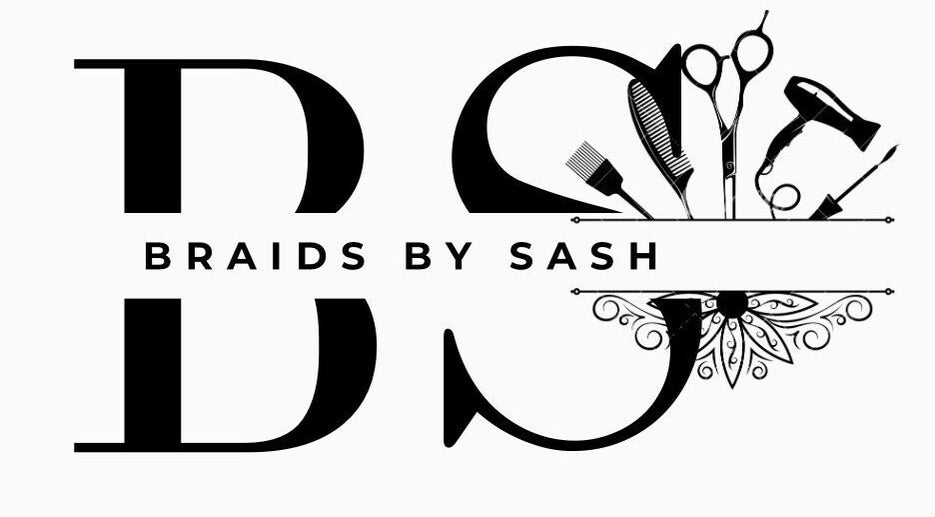 Braids_by__sash logo featuring hair tools, Montego Bay, St. James Parish, JM. Beauty and wellness branding.