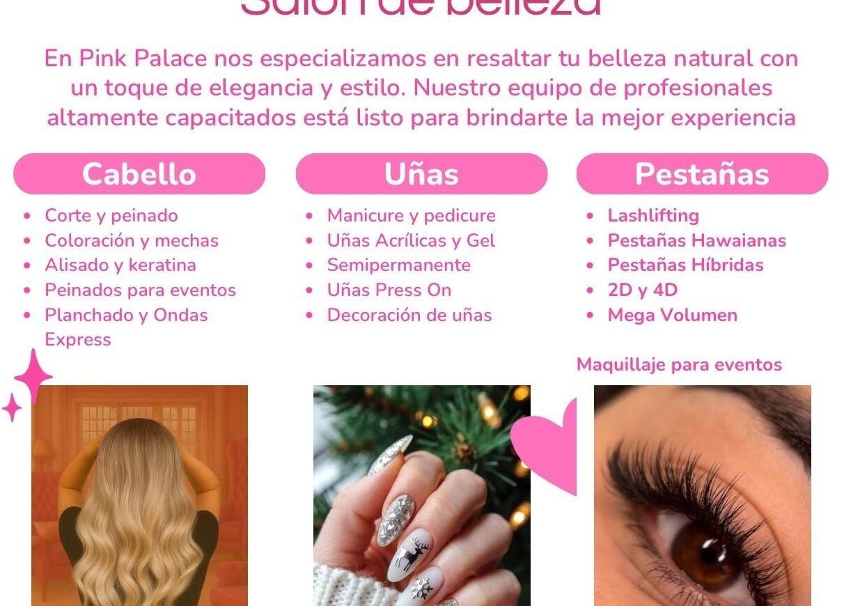 Services offered by Pink Palace Beauty Lounge in Cuernavaca, Morelos, MX for hair, nails, and lashes.