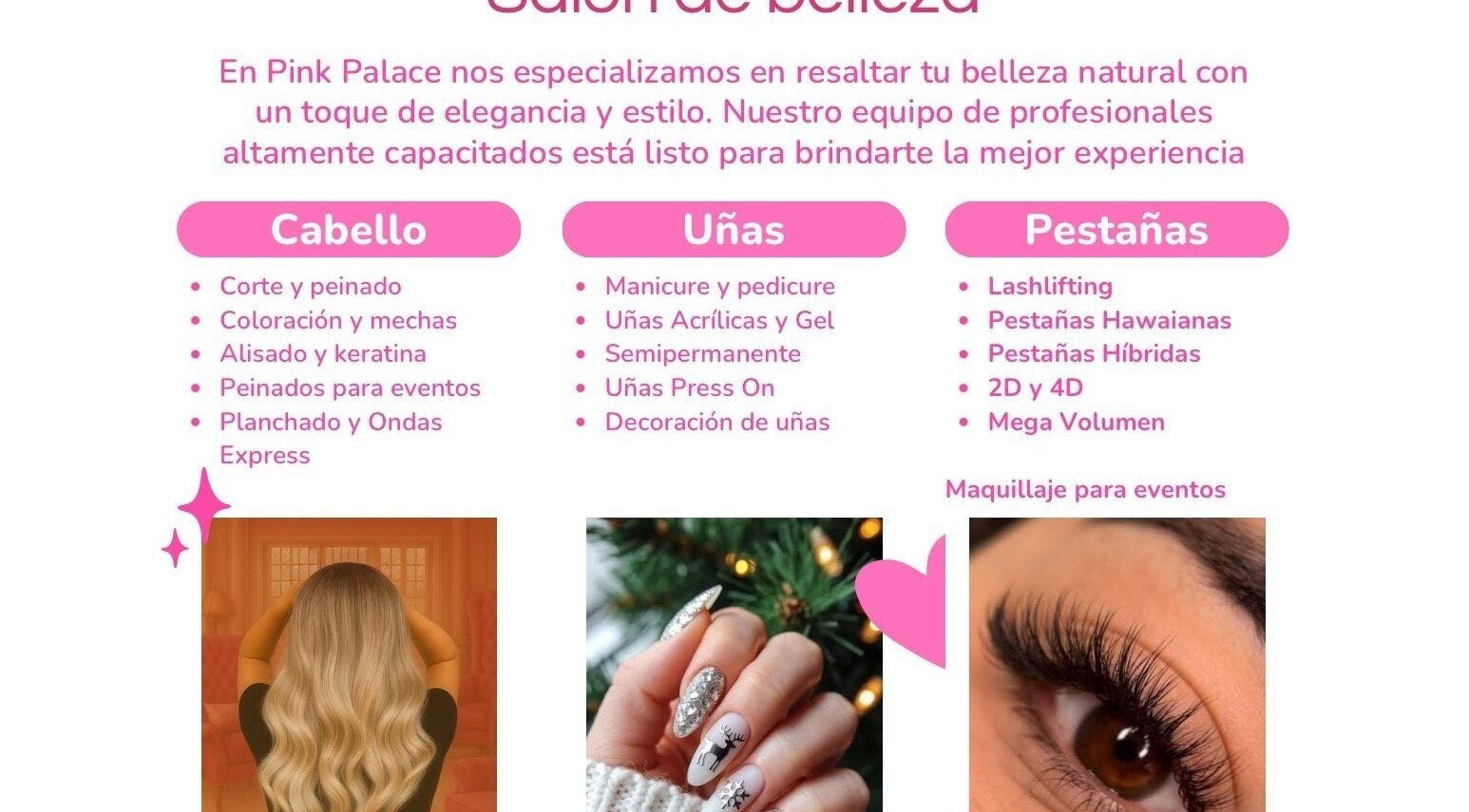 Services offered by Pink Palace Beauty Lounge in Cuernavaca, Morelos, MX for hair, nails, and lashes.