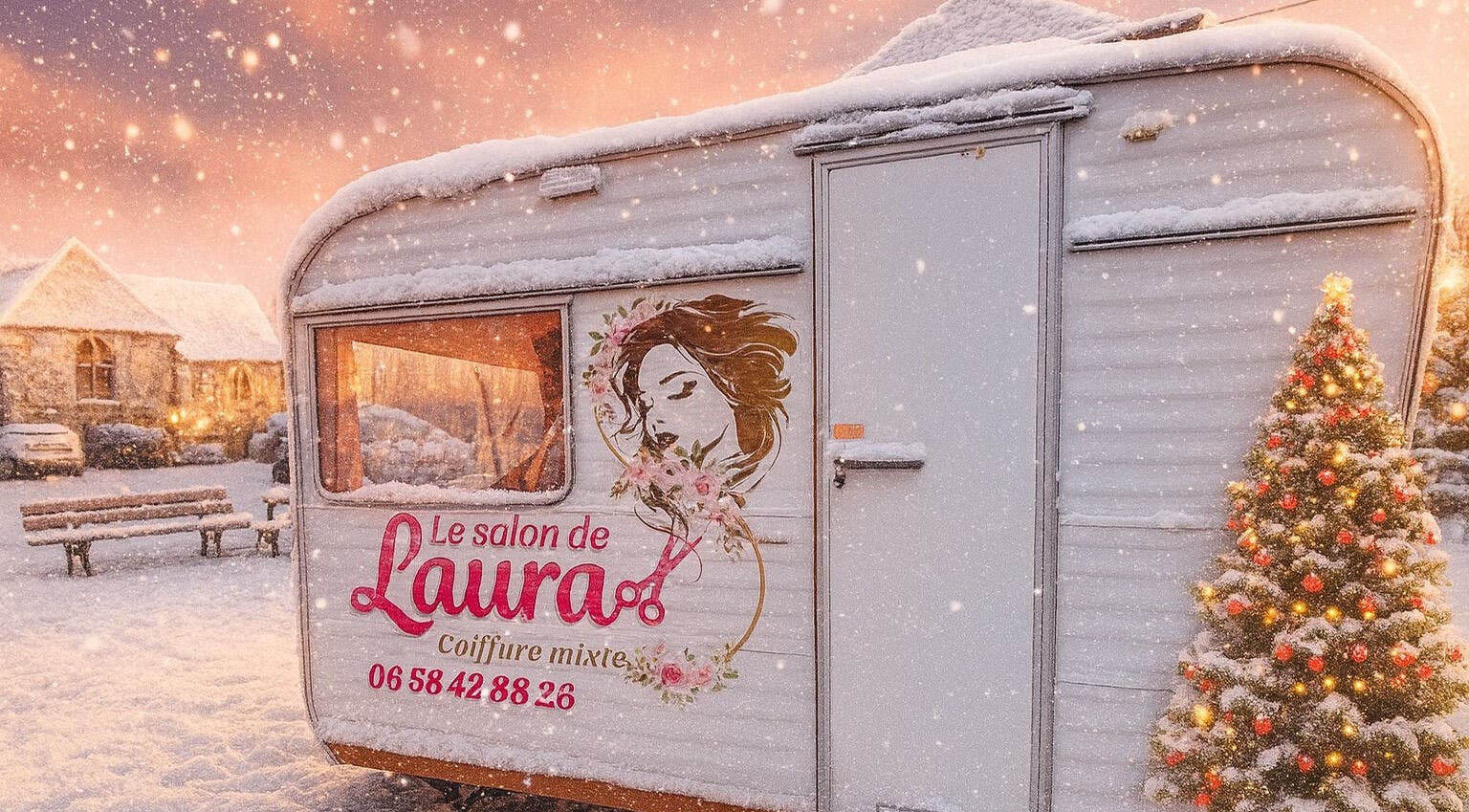 Caravane enneigée de Le salon de Laura à Genneville, Normandie, FR avec décor festif.