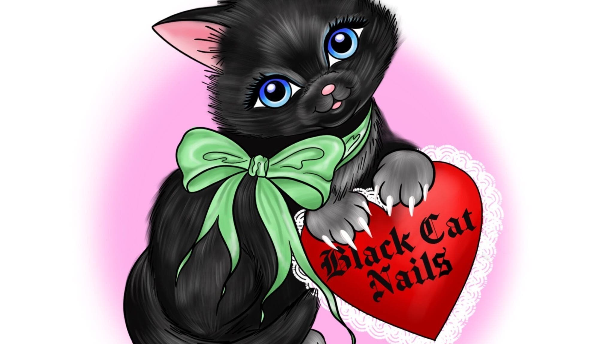Adorable black cat with green bow holding heart labeled 'Black Cat Nails' in Long Lawford, England, GB.