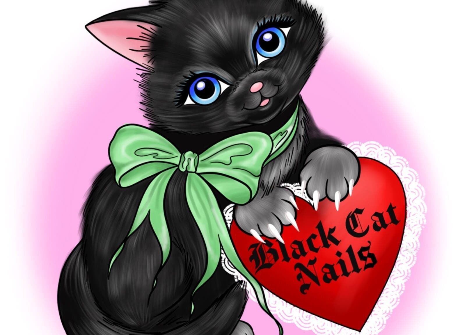 Adorable black cat with green bow holding heart labeled 'Black Cat Nails' in Long Lawford, England, GB.