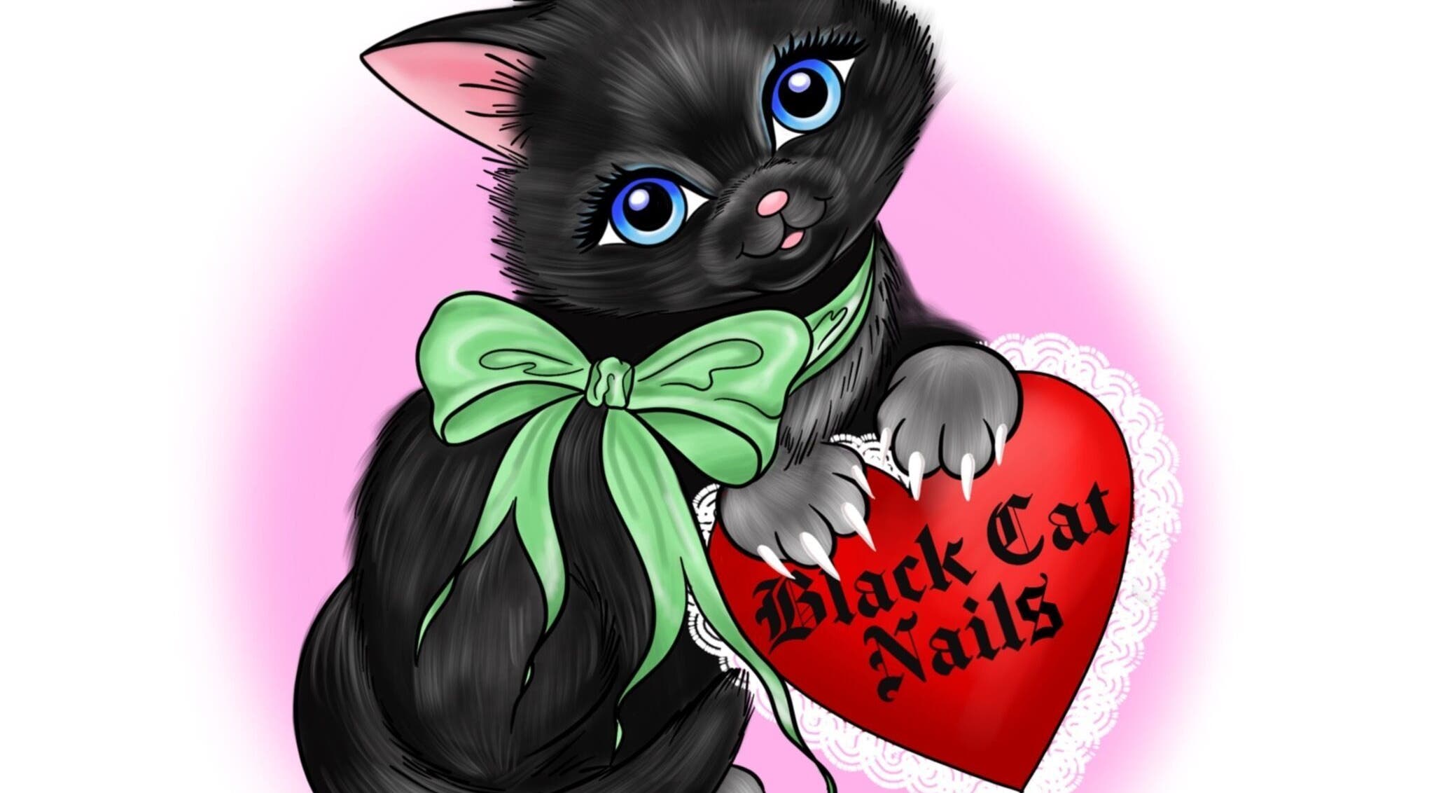 Adorable black cat with green bow holding heart labeled 'Black Cat Nails' in Long Lawford, England, GB.