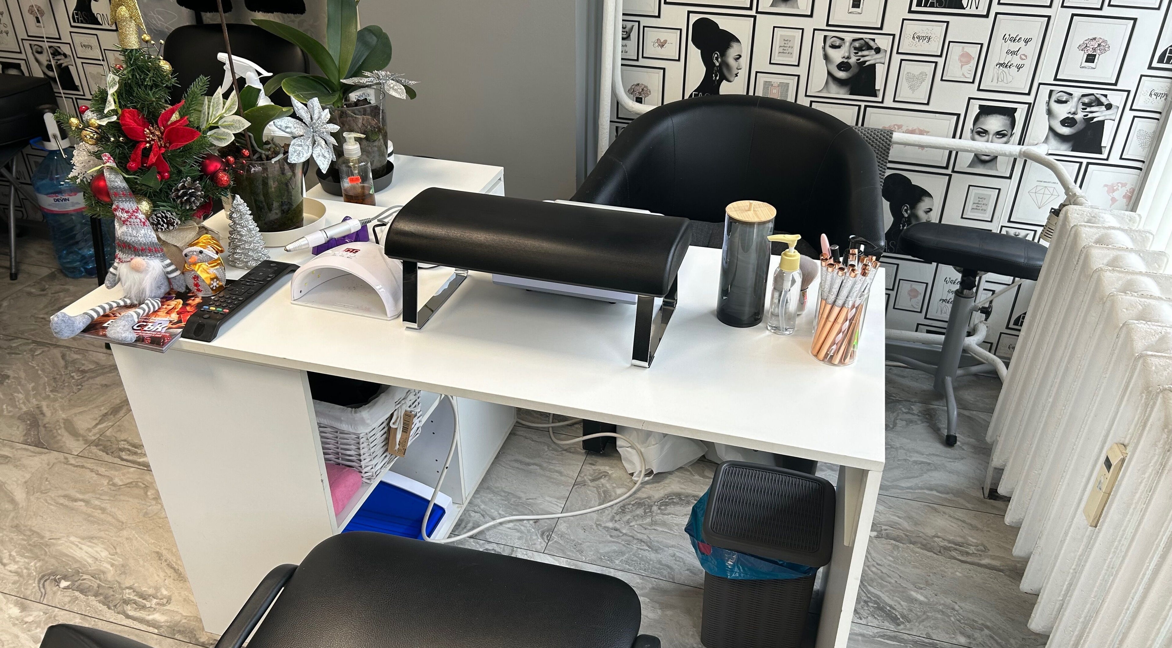 Stylish nail station at Moni Style in Sofia, Sofia City Province, BG decorated with festive ornaments.