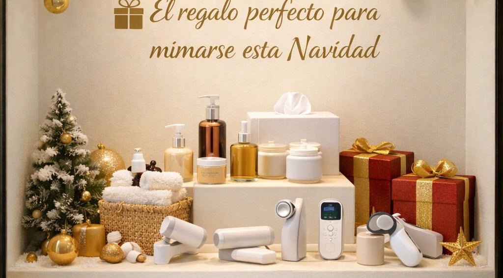 Productos de spa navideños en Eternal, Alicante, ES, adornados con regalos dorados y árbol pequeño.