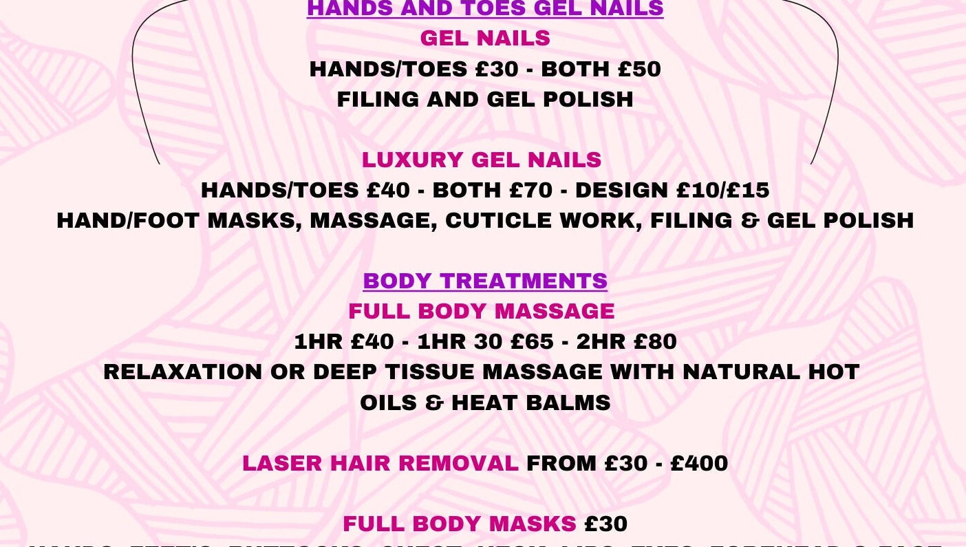 Services offered at Aspatria Pamper Pod in Wigton, England, including gel nails and massages.