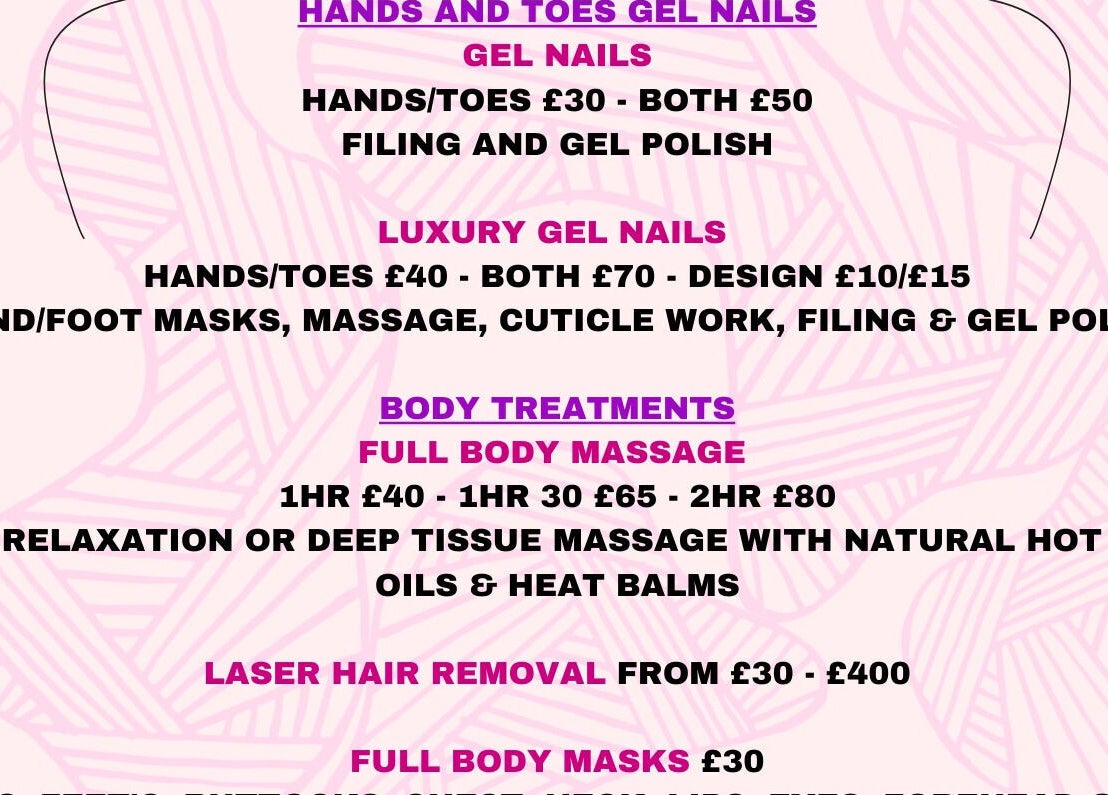 Services offered at Aspatria Pamper Pod in Wigton, England, including gel nails and massages.