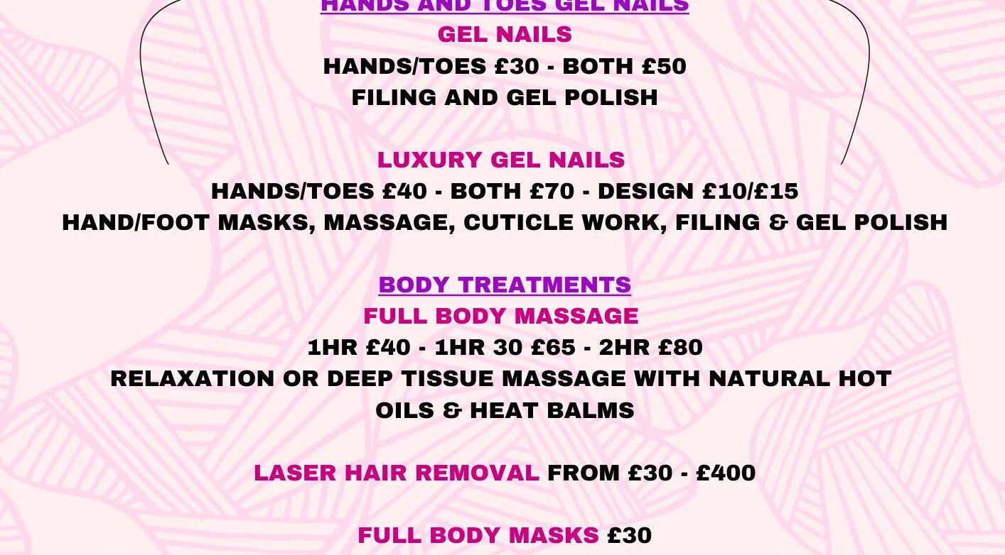Services offered at Aspatria Pamper Pod in Wigton, England, including gel nails and massages.