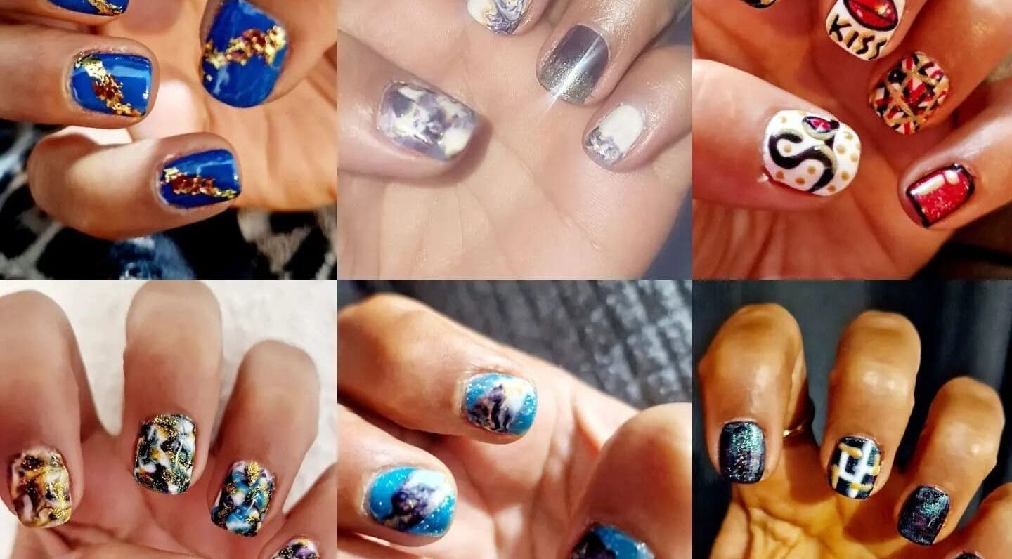 Showcase of vibrant nail art at Aspatria Pamper Pod, Wigton, England, GB. Diverse, colorful designs on nails.