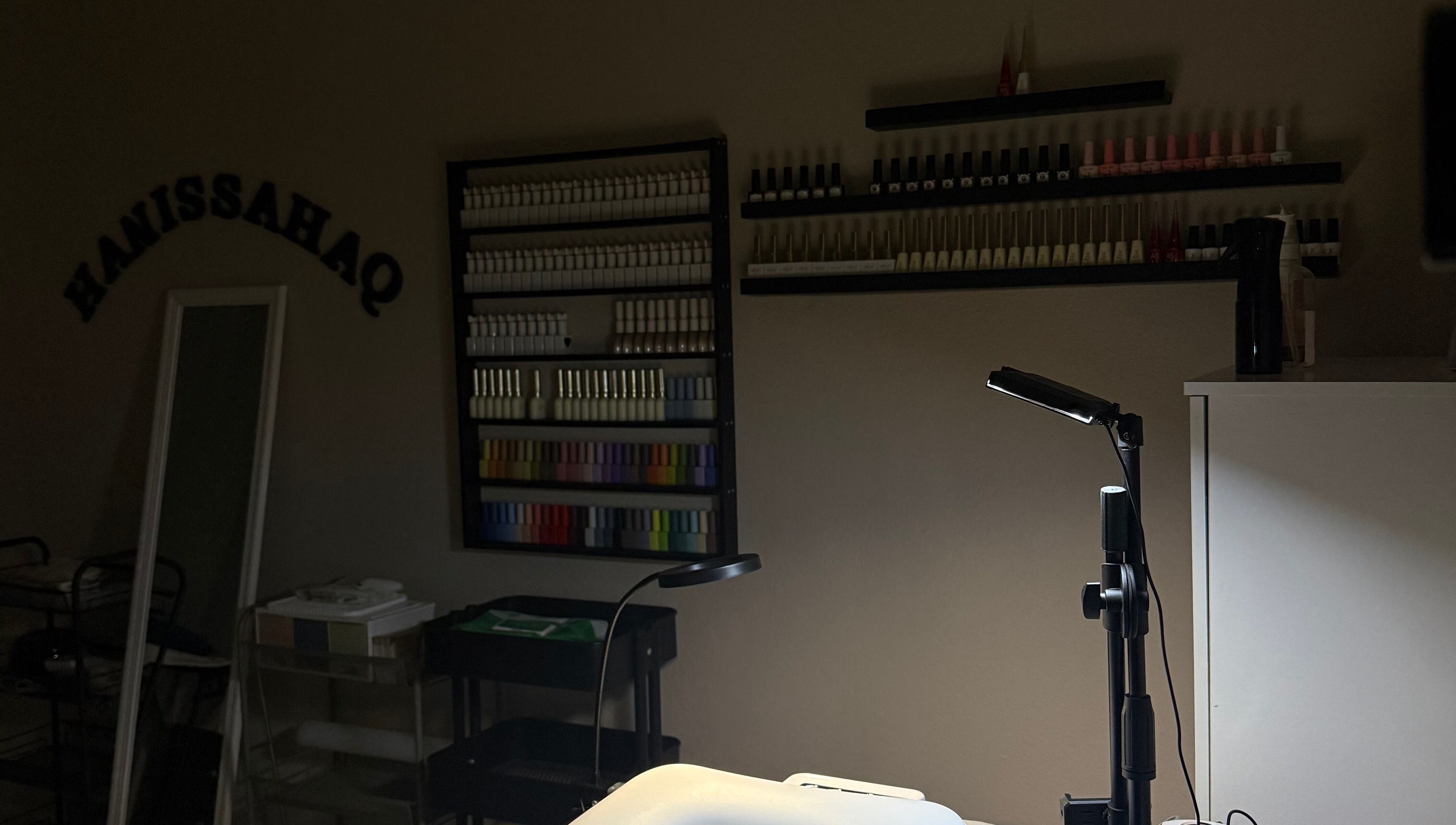 HSQ BEAUTY nail polish display in Balik Pulau, Pulau Pinang, MY featuring shelves of vibrant colors.