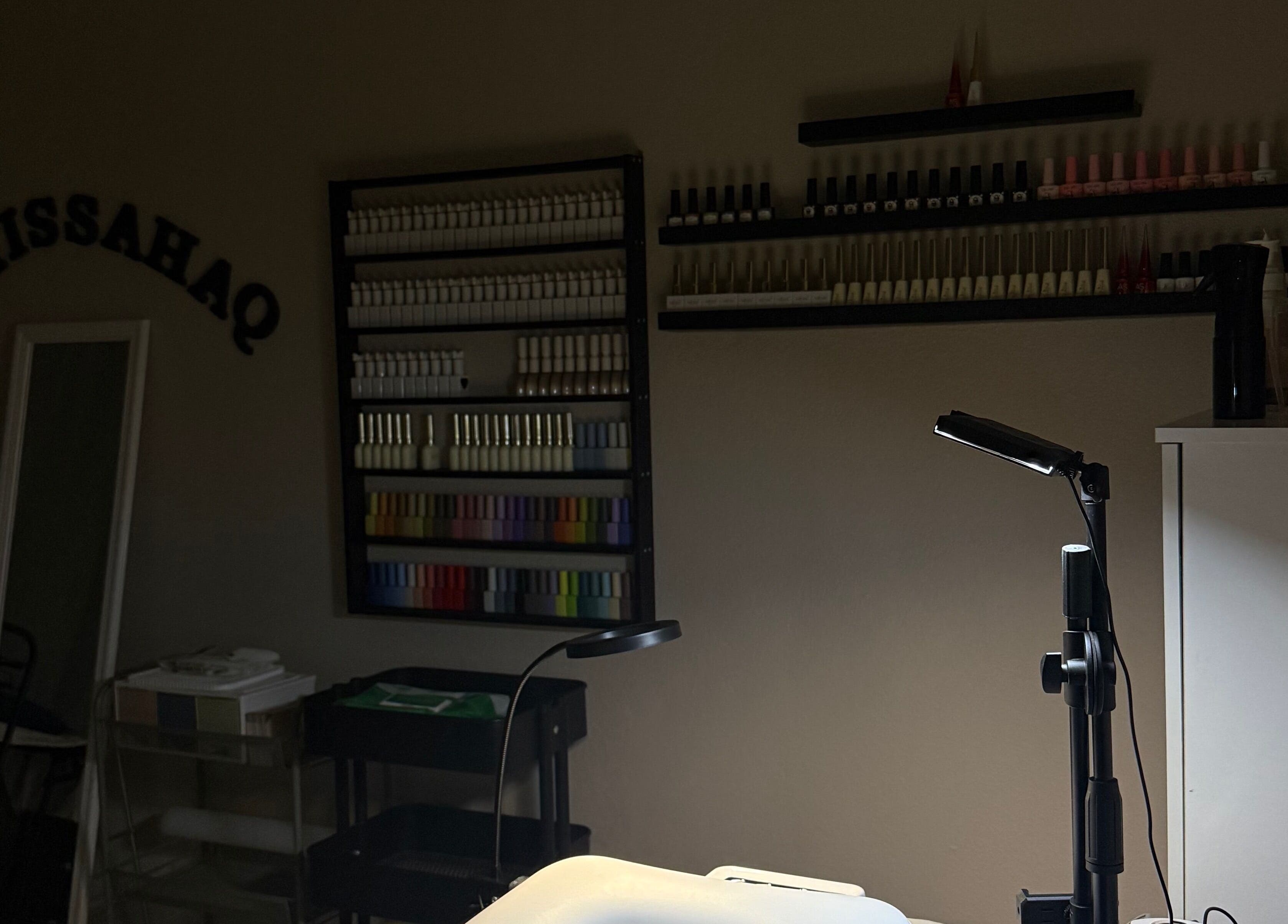 HSQ BEAUTY nail polish display in Balik Pulau, Pulau Pinang, MY featuring shelves of vibrant colors.