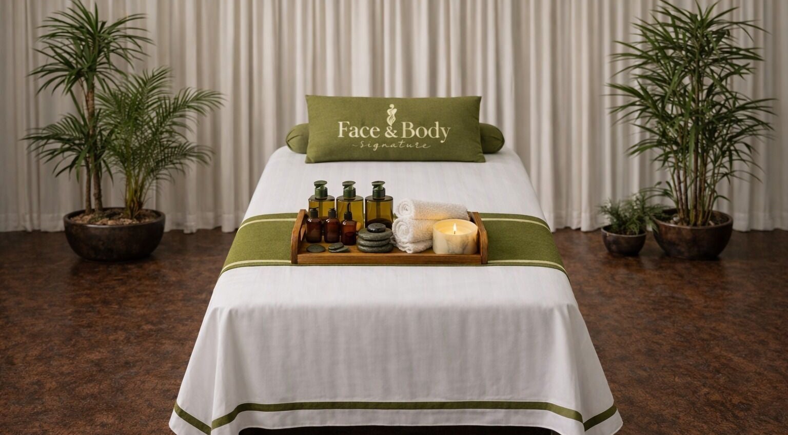 Luxurious treatment table setup at Face & Body Signature - Home Service, Dubai, Dubai, AE featuring oils and towels.
