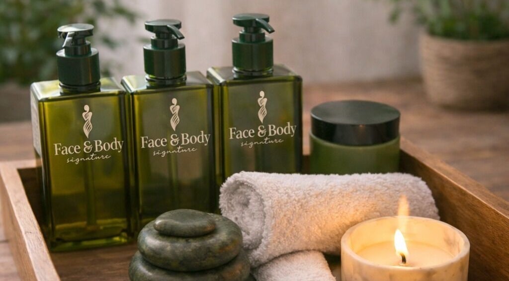Spa products at Face & Body Signature - Home Service, Dubai, Dubai, AE. Includes oils, towels, stones, candle.