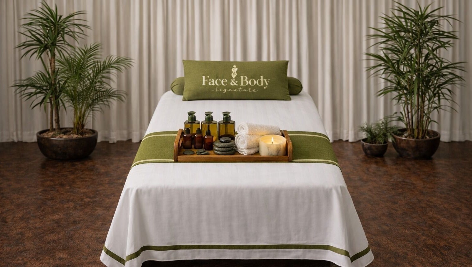 Relaxing spa setup at Face & Body Signature - Home Service, Dubai, Dubai, AE, with oils and candles.