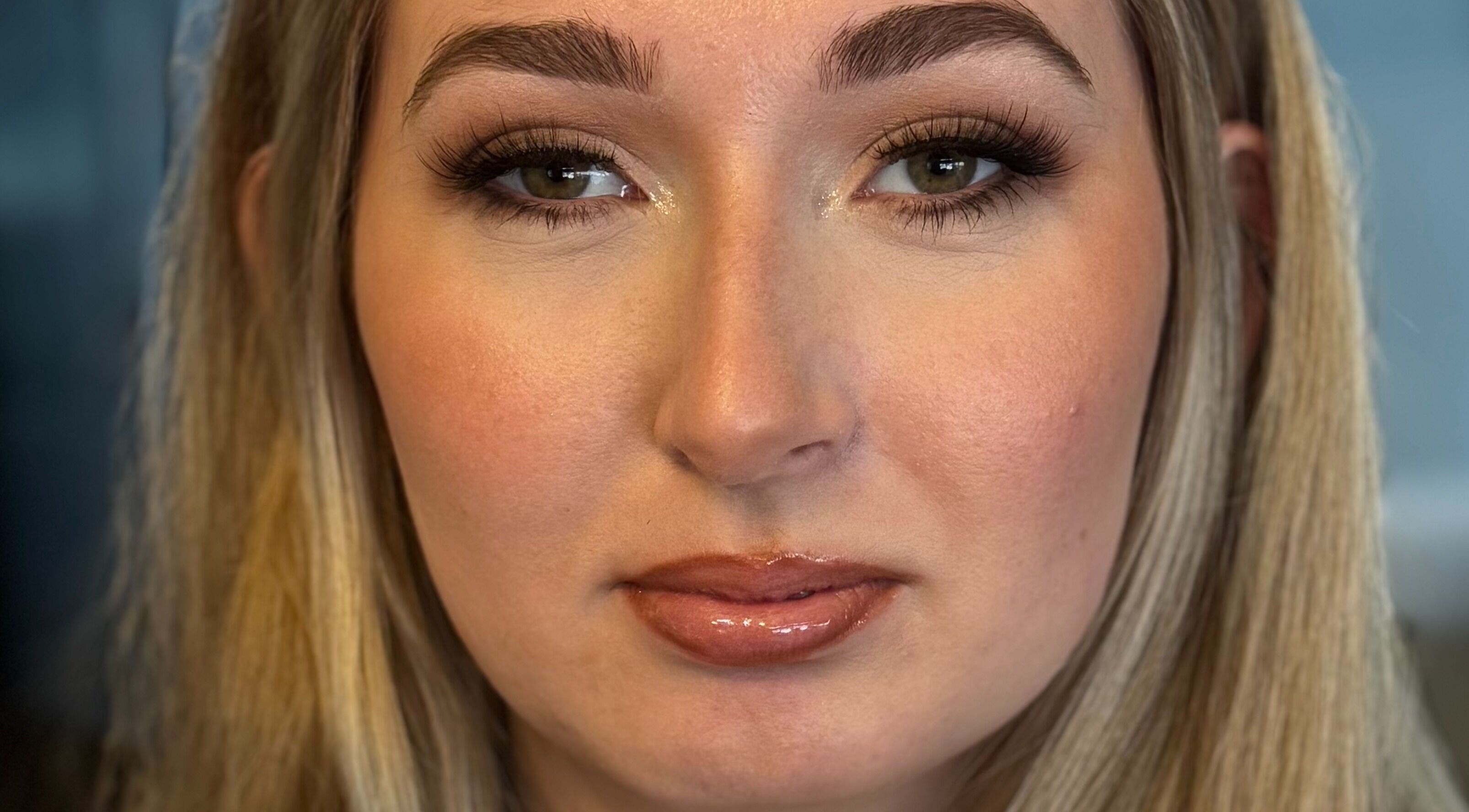 Close-up of enhanced makeup at NXO Beauty Co., Houston, Texas, US, showcasing flawless finish.