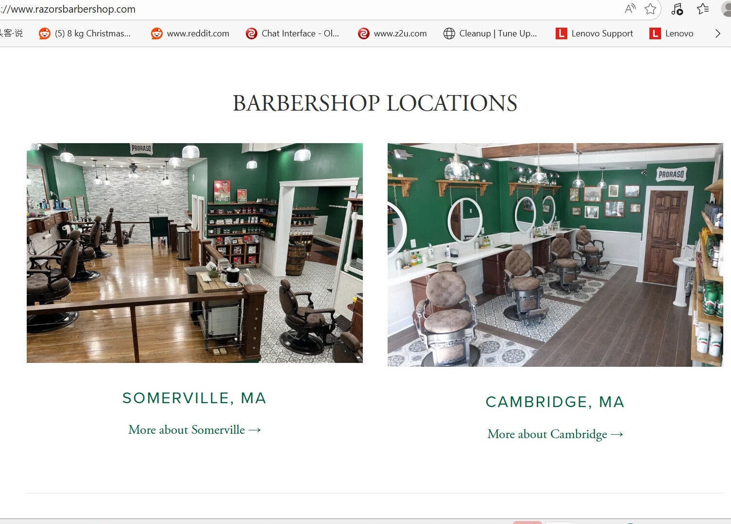 Interior of Smileys Barber located in Cambridge, Massachusetts, US, showcasing stylish green walls and classic chairs.