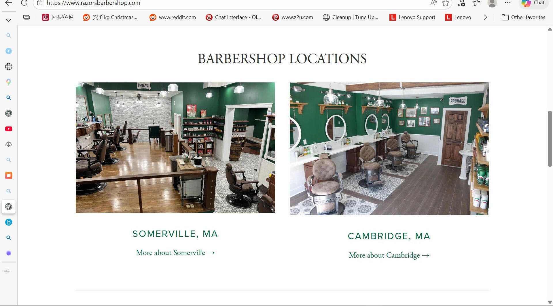 Interior of Smileys Barber located in Cambridge, Massachusetts, US, showcasing stylish green walls and classic chairs.