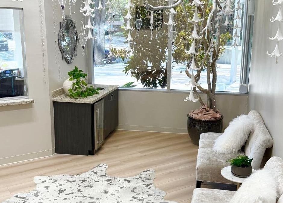 Elegant waiting area at Natural Hormone Replacement Center in Dallas, Texas, US with plush seating and decor.