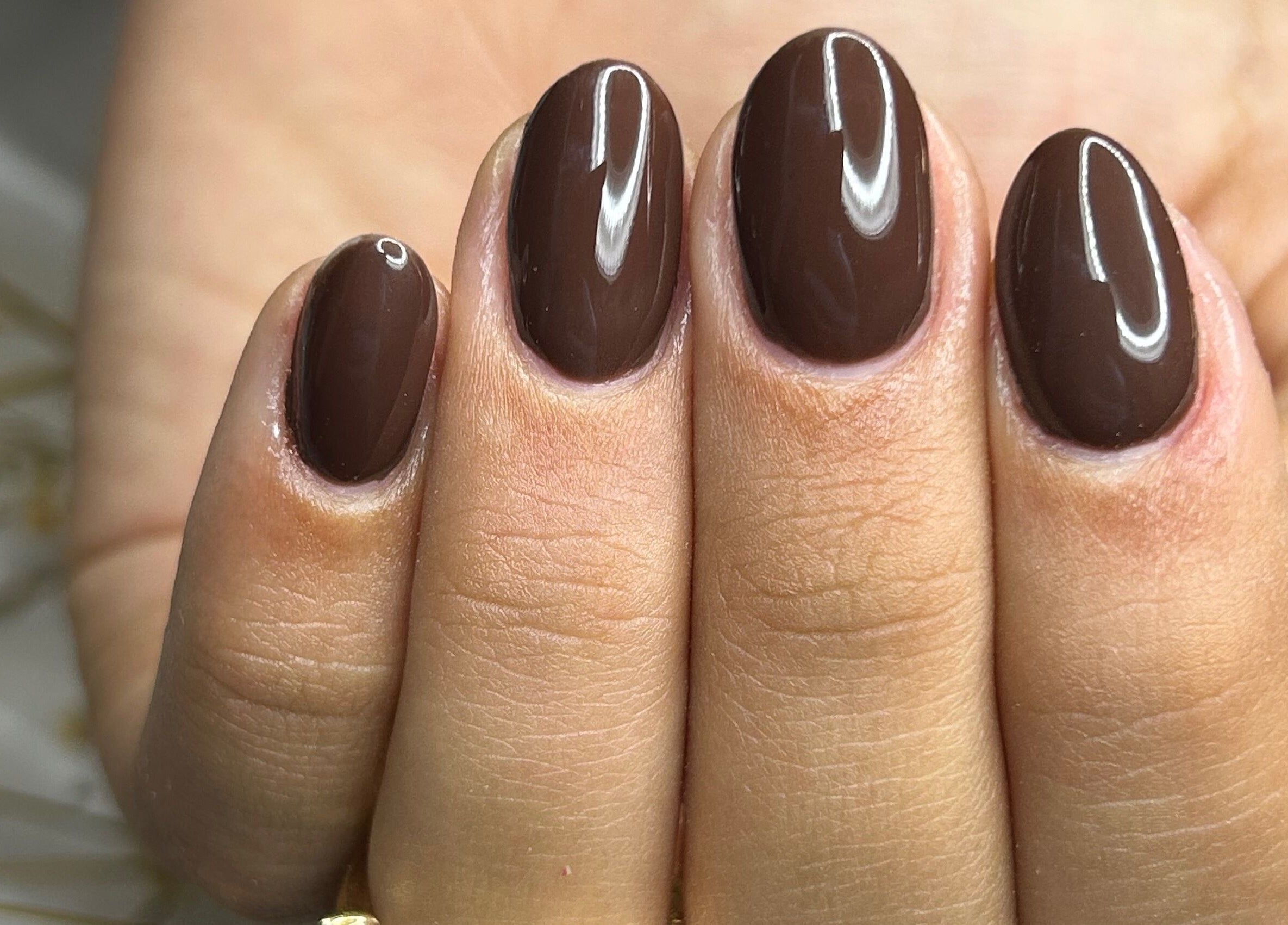 Unhas com esmalte marrom brilhante na Nailart Ana Júlia, Lisboa, Lisboa, PT.