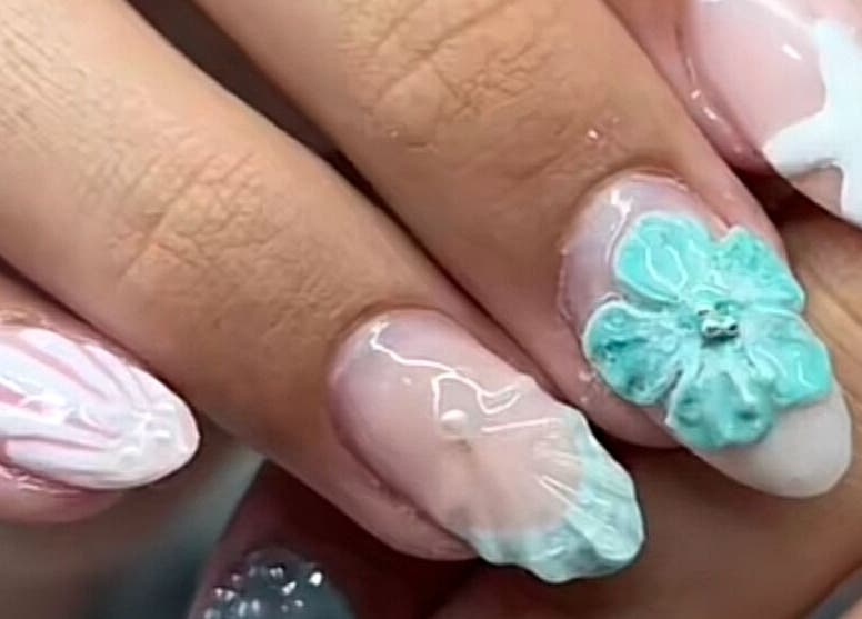 Beautiful 3D floral nail art by Linda Lee Nail Tech in Labrador, Queensland, AU.