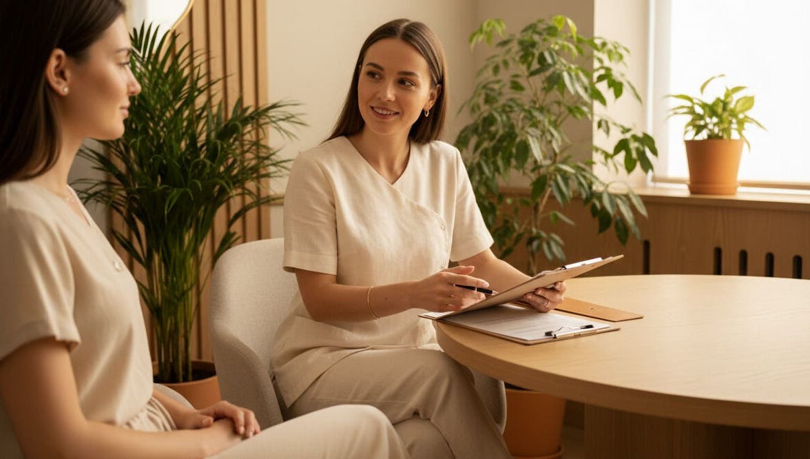 Professional consultation at Clinic83, Royston, England, GB with client and expert discussing services.