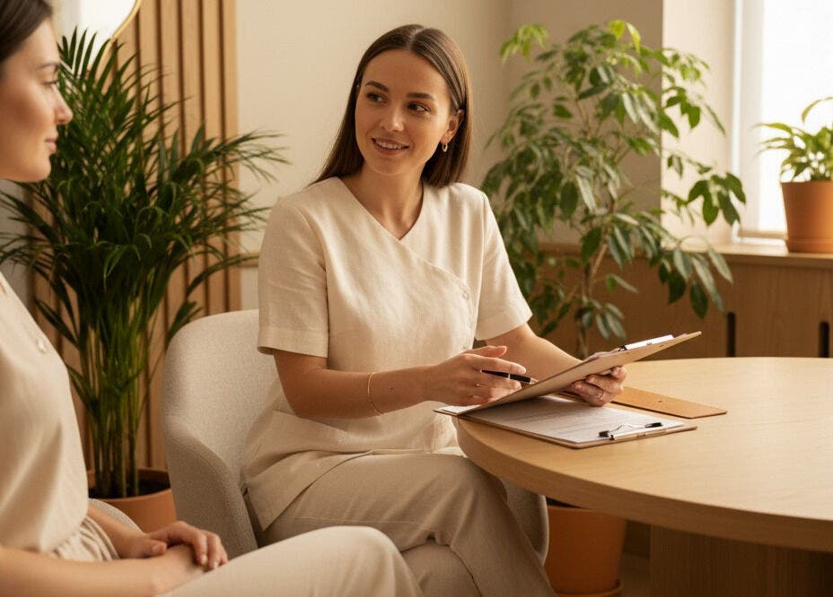 Professional consultation at Clinic83, Royston, England, GB with client and expert discussing services.