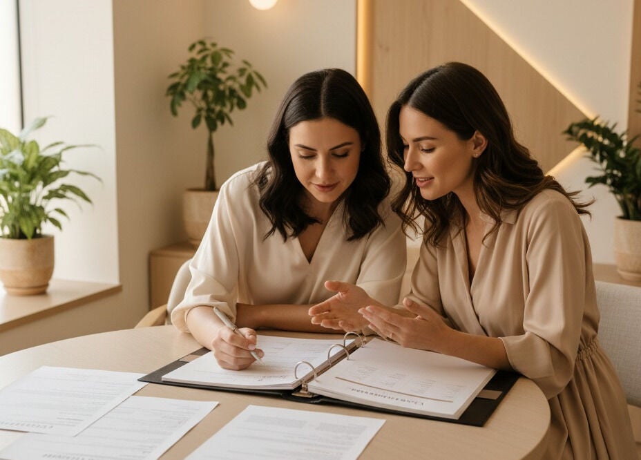 Women discussing wellness plans at Clinic83, Royston, England, GB in a serene consulting space.